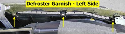 Defroster garnish - back, left-hand, screw locations