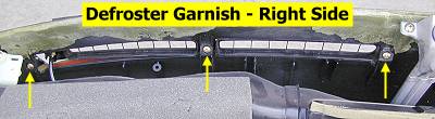 Defroster garnish - back, right-hand, screw locations
